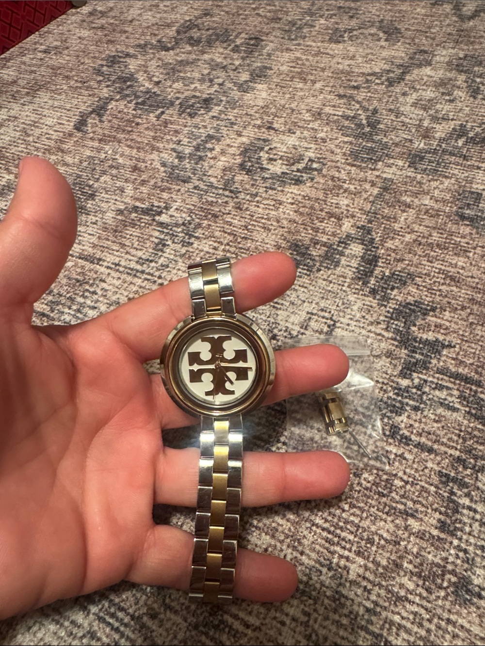 Tory Burch Two-Tone Gold and Silver Logo Bracelet Watch with White Dial